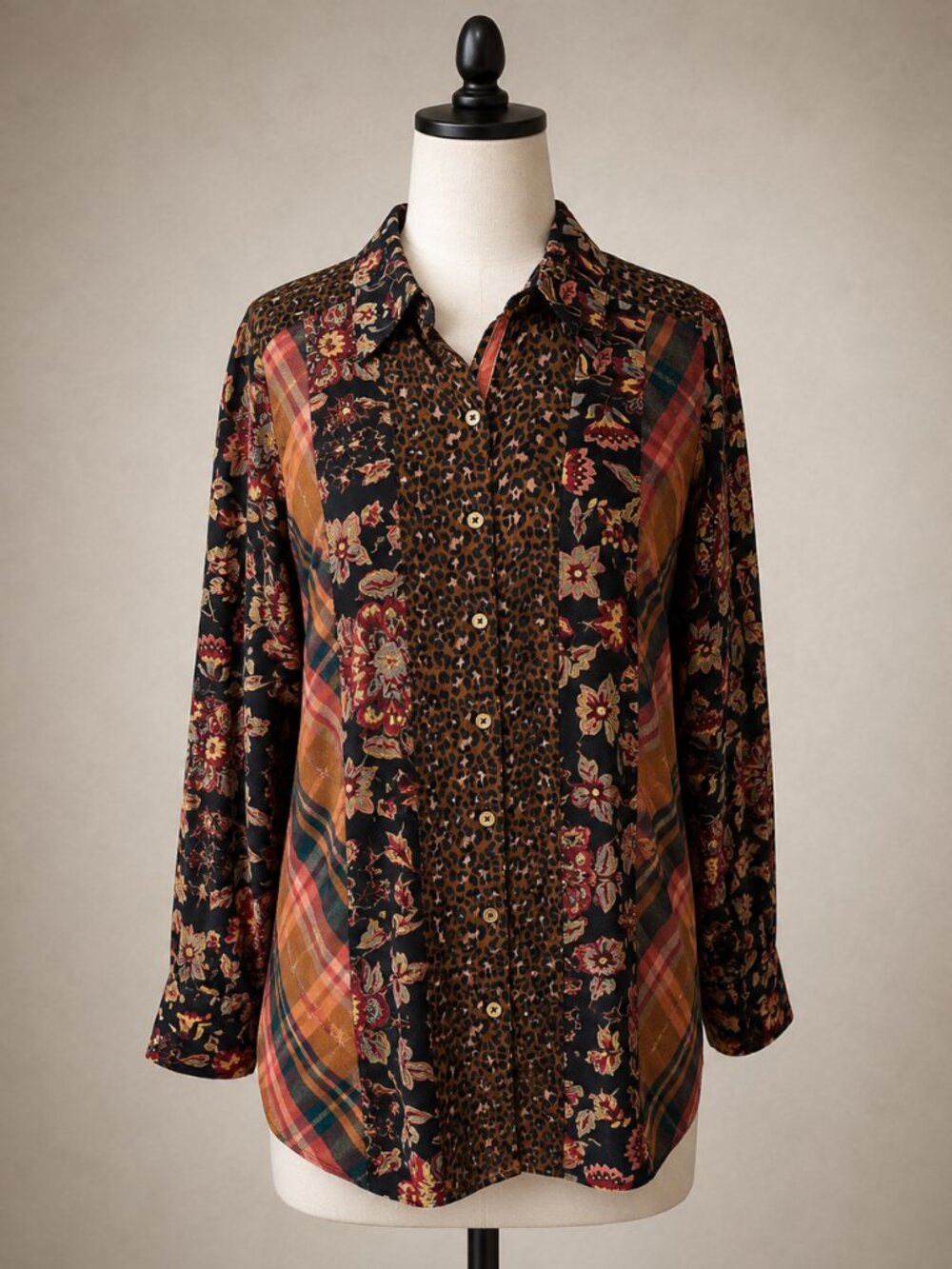 Soft Surroundings Petite Medium Mixed Print Floral Leopard Plaid Button Down Top